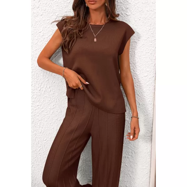 imagePRETTYGARDEN Womens 2 Piece Outfits Knit Loungewear High Low Pullover Tops and Wide Leg Pants Casual Sweater Sets TracksuitsCoffee