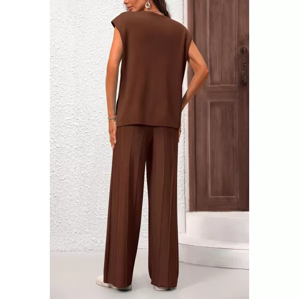 imagePRETTYGARDEN Womens 2 Piece Outfits Knit Loungewear High Low Pullover Tops and Wide Leg Pants Casual Sweater Sets TracksuitsCoffee