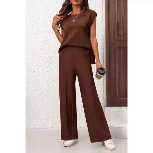 imagePRETTYGARDEN Womens 2 Piece Outfits Knit Loungewear High Low Pullover Tops and Wide Leg Pants Casual Sweater Sets TracksuitsCoffee