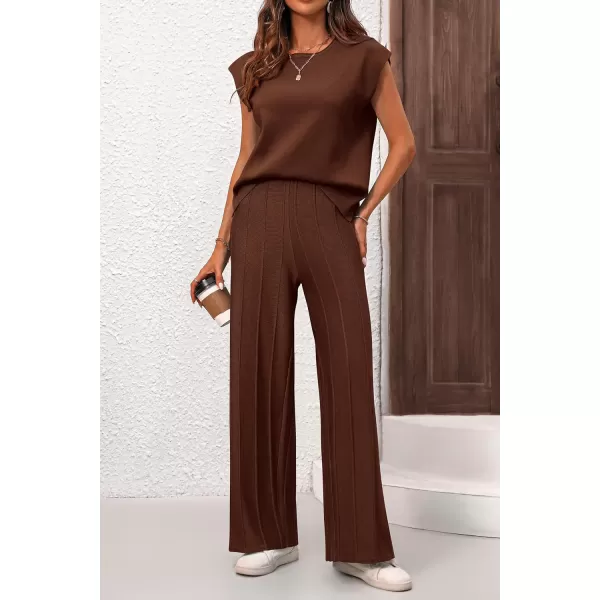 imagePRETTYGARDEN Womens 2 Piece Outfits Knit Loungewear High Low Pullover Tops and Wide Leg Pants Casual Sweater Sets TracksuitsCoffee