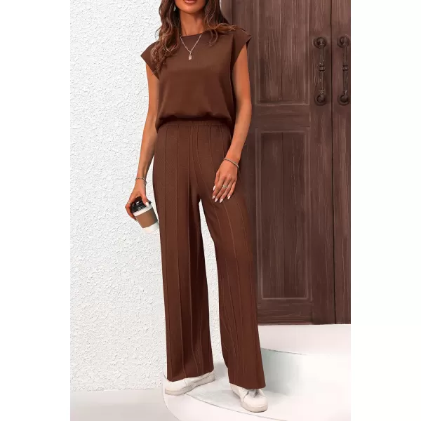 imagePRETTYGARDEN Womens 2 Piece Outfits Knit Loungewear High Low Pullover Tops and Wide Leg Pants Casual Sweater Sets TracksuitsCoffee