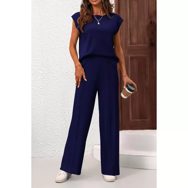 imagePRETTYGARDEN Womens 2 Piece Outfits Knit Loungewear High Low Pullover Tops and Wide Leg Pants Casual Sweater Sets TracksuitsDark Blue