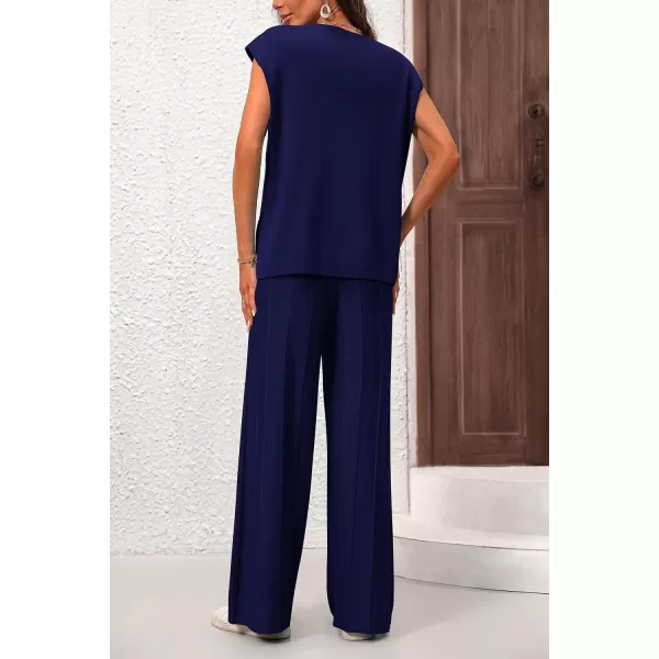 imagePRETTYGARDEN Womens 2 Piece Outfits Knit Loungewear High Low Pullover Tops and Wide Leg Pants Casual Sweater Sets TracksuitsDark Blue