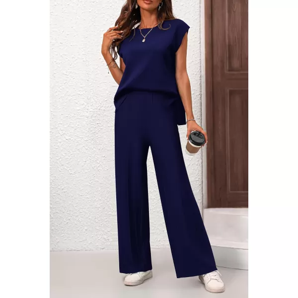 imagePRETTYGARDEN Womens 2 Piece Outfits Knit Loungewear High Low Pullover Tops and Wide Leg Pants Casual Sweater Sets TracksuitsDark Blue