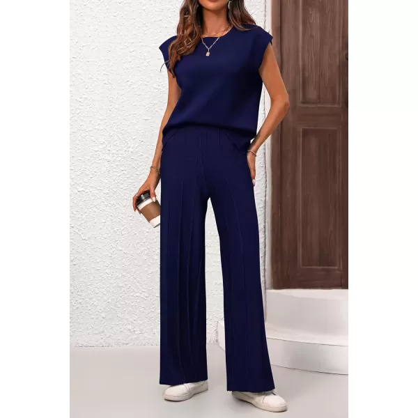 imagePRETTYGARDEN Womens 2 Piece Outfits Knit Loungewear High Low Pullover Tops and Wide Leg Pants Casual Sweater Sets TracksuitsDark Blue