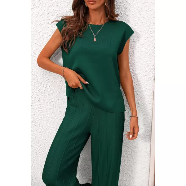 imagePRETTYGARDEN Womens 2 Piece Outfits Knit Loungewear High Low Pullover Tops and Wide Leg Pants Casual Sweater Sets TracksuitsDark Green