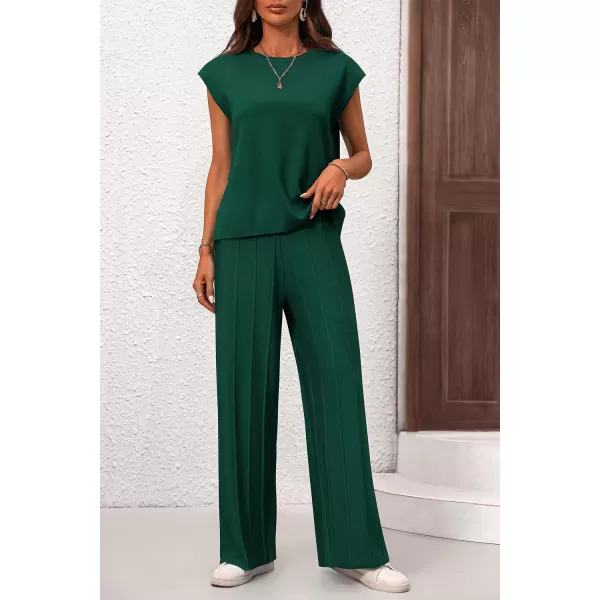 imagePRETTYGARDEN Womens 2 Piece Outfits Knit Loungewear High Low Pullover Tops and Wide Leg Pants Casual Sweater Sets TracksuitsDark Green