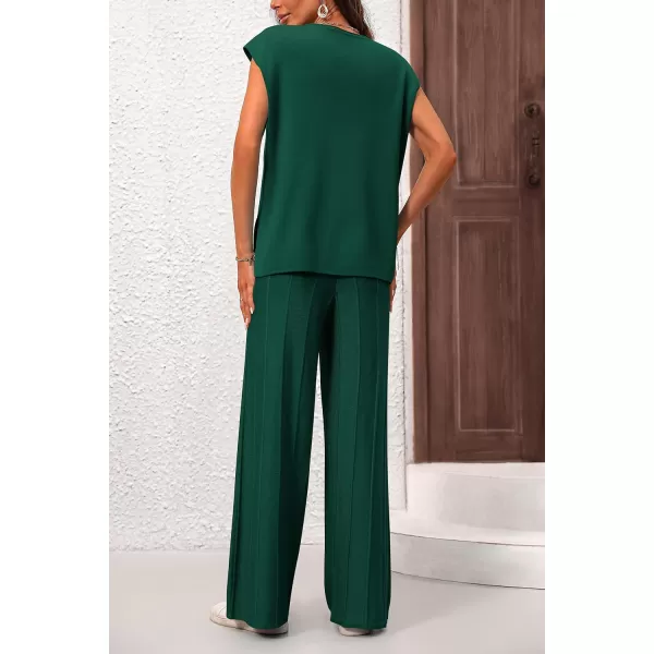 imagePRETTYGARDEN Womens 2 Piece Outfits Knit Loungewear High Low Pullover Tops and Wide Leg Pants Casual Sweater Sets TracksuitsDark Green