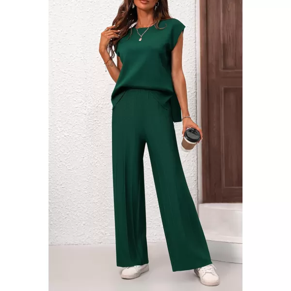 imagePRETTYGARDEN Womens 2 Piece Outfits Knit Loungewear High Low Pullover Tops and Wide Leg Pants Casual Sweater Sets TracksuitsDark Green