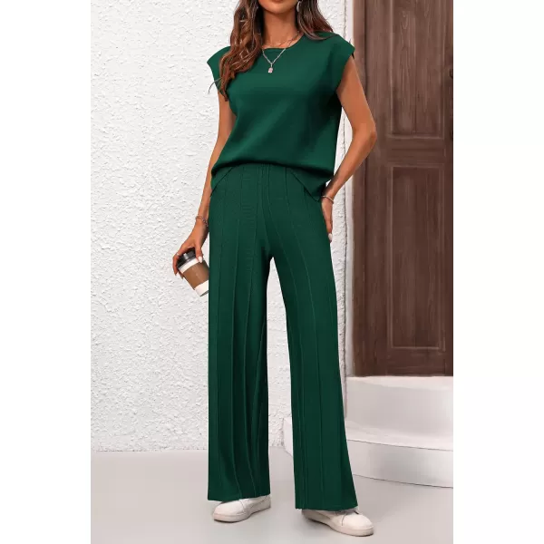 imagePRETTYGARDEN Womens 2 Piece Outfits Knit Loungewear High Low Pullover Tops and Wide Leg Pants Casual Sweater Sets TracksuitsDark Green