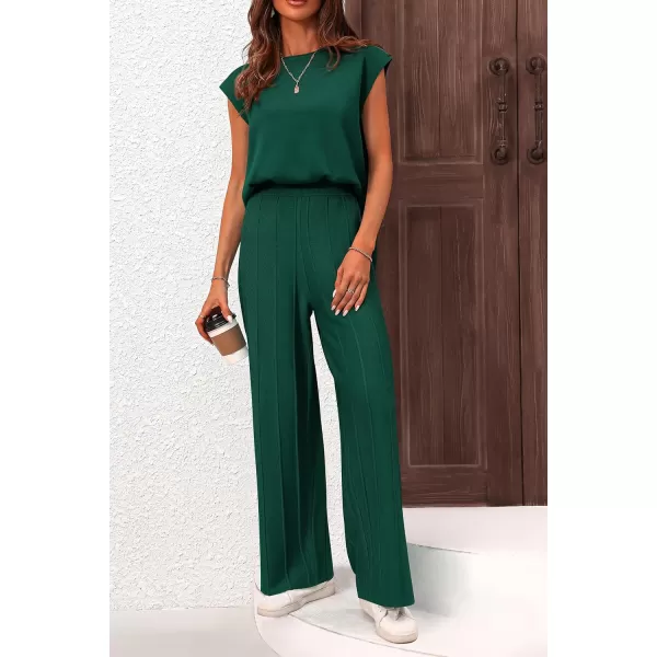 imagePRETTYGARDEN Womens 2 Piece Outfits Knit Loungewear High Low Pullover Tops and Wide Leg Pants Casual Sweater Sets TracksuitsDark Green