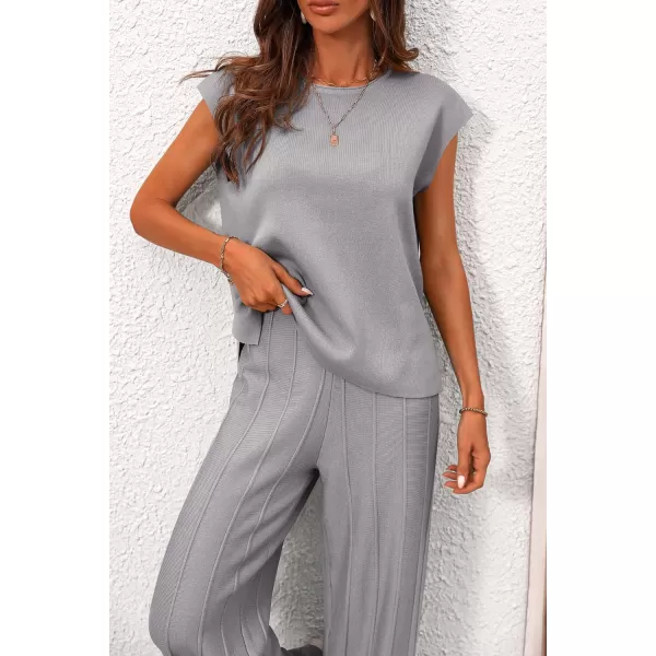 imagePRETTYGARDEN Womens 2 Piece Outfits Knit Loungewear High Low Pullover Tops and Wide Leg Pants Casual Sweater Sets TracksuitsLight Grey