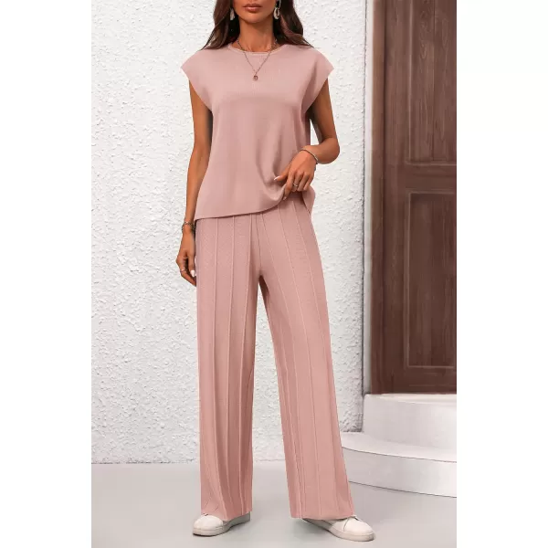 imagePRETTYGARDEN Womens 2 Piece Outfits Knit Loungewear High Low Pullover Tops and Wide Leg Pants Casual Sweater Sets TracksuitsLight Pink