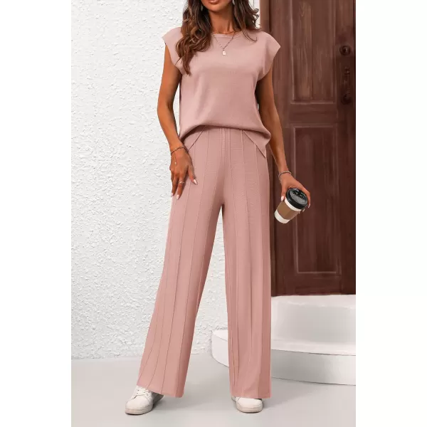 imagePRETTYGARDEN Womens 2 Piece Outfits Knit Loungewear High Low Pullover Tops and Wide Leg Pants Casual Sweater Sets TracksuitsLight Pink