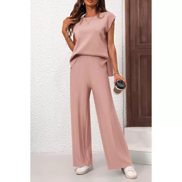 imagePRETTYGARDEN Womens 2 Piece Outfits Knit Loungewear High Low Pullover Tops and Wide Leg Pants Casual Sweater Sets TracksuitsLight Pink