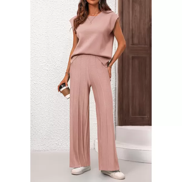 imagePRETTYGARDEN Womens 2 Piece Outfits Knit Loungewear High Low Pullover Tops and Wide Leg Pants Casual Sweater Sets TracksuitsLight Pink