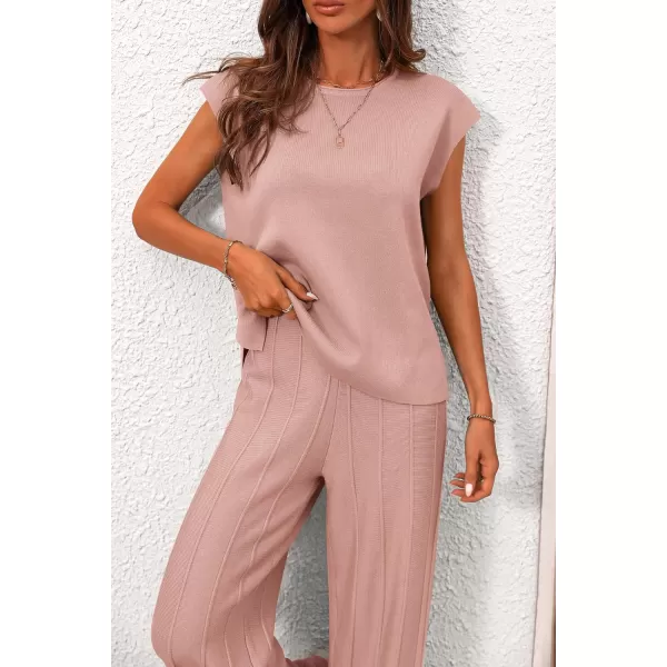 imagePRETTYGARDEN Womens 2 Piece Outfits Knit Loungewear High Low Pullover Tops and Wide Leg Pants Casual Sweater Sets TracksuitsLight Pink