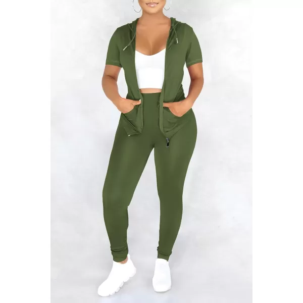imagePRETTYGARDEN Womens 2 Piece Outfits Short Sleeve Zip Up Hoodie Tops Long Pants Bodycon Sweatsuit Tracksuit SetsArmy Green