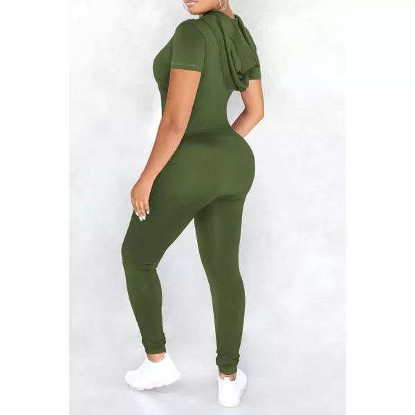 imagePRETTYGARDEN Womens 2 Piece Outfits Short Sleeve Zip Up Hoodie Tops Long Pants Bodycon Sweatsuit Tracksuit SetsArmy Green