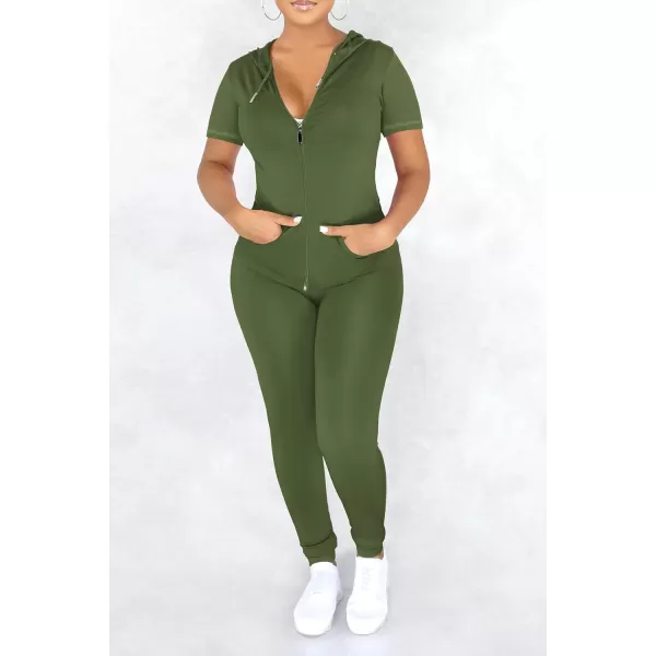 imagePRETTYGARDEN Womens 2 Piece Outfits Short Sleeve Zip Up Hoodie Tops Long Pants Bodycon Sweatsuit Tracksuit SetsArmy Green