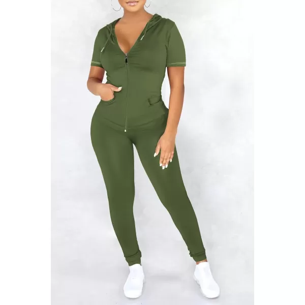 imagePRETTYGARDEN Womens 2 Piece Outfits Short Sleeve Zip Up Hoodie Tops Long Pants Bodycon Sweatsuit Tracksuit SetsArmy Green