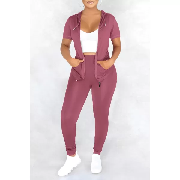 imagePRETTYGARDEN Womens 2 Piece Outfits Short Sleeve Zip Up Hoodie Tops Long Pants Bodycon Sweatsuit Tracksuit SetsBean Paste Pink