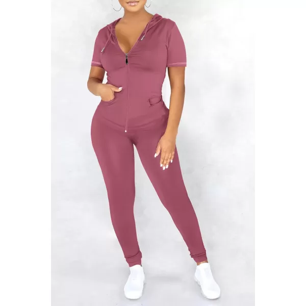 imagePRETTYGARDEN Womens 2 Piece Outfits Short Sleeve Zip Up Hoodie Tops Long Pants Bodycon Sweatsuit Tracksuit SetsBean Paste Pink