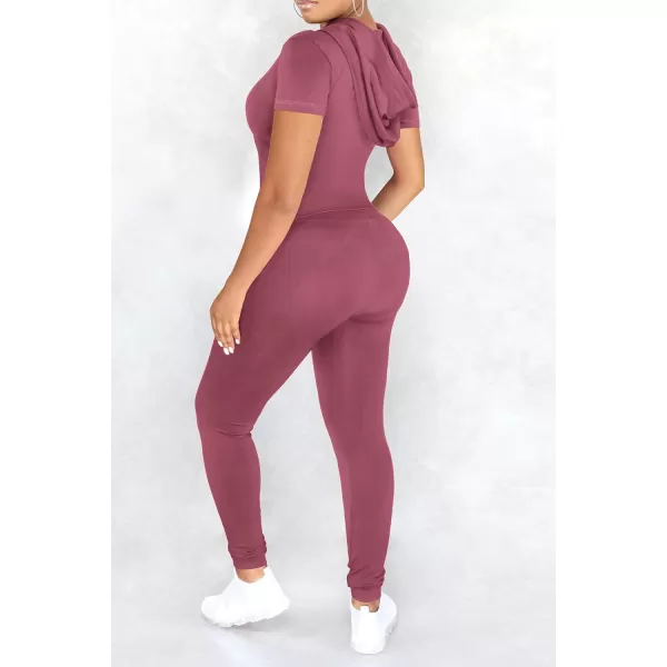 imagePRETTYGARDEN Womens 2 Piece Outfits Short Sleeve Zip Up Hoodie Tops Long Pants Bodycon Sweatsuit Tracksuit SetsBean Paste Pink
