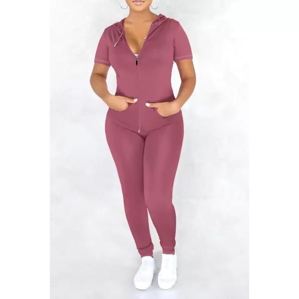imagePRETTYGARDEN Womens 2 Piece Outfits Short Sleeve Zip Up Hoodie Tops Long Pants Bodycon Sweatsuit Tracksuit SetsBean Paste Pink