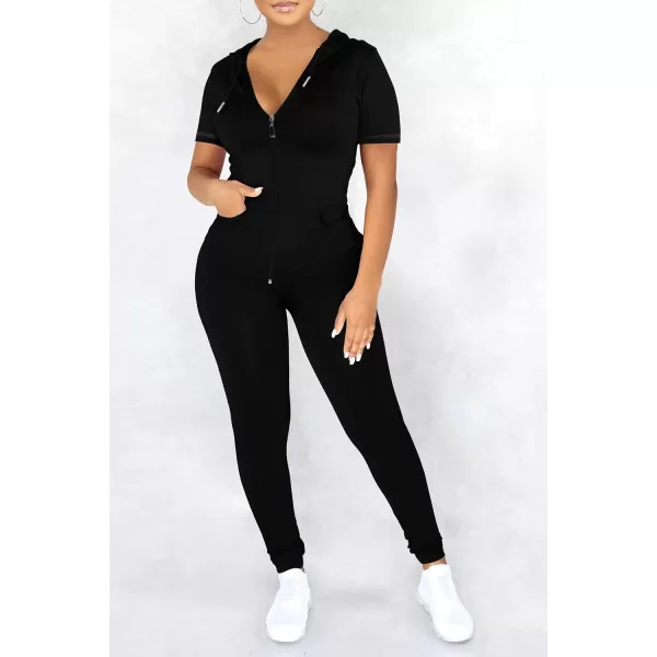 imagePRETTYGARDEN Womens 2 Piece Outfits Short Sleeve Zip Up Hoodie Tops Long Pants Bodycon Sweatsuit Tracksuit SetsBlack
