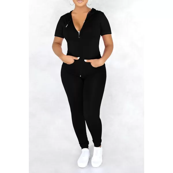 imagePRETTYGARDEN Womens 2 Piece Outfits Short Sleeve Zip Up Hoodie Tops Long Pants Bodycon Sweatsuit Tracksuit SetsBlack