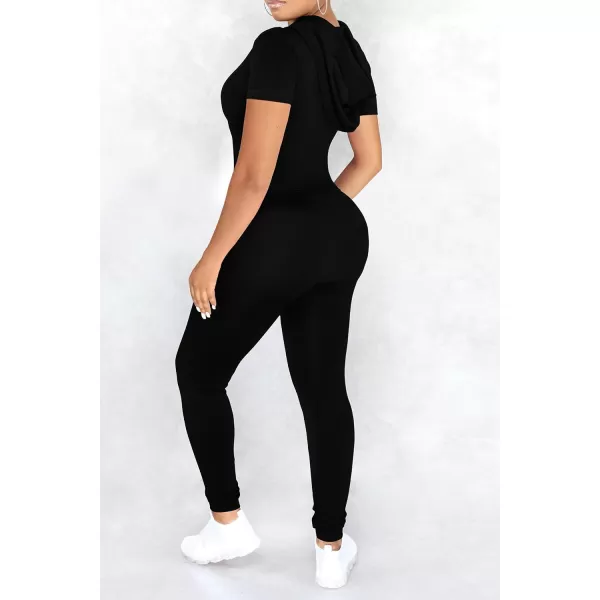 imagePRETTYGARDEN Womens 2 Piece Outfits Short Sleeve Zip Up Hoodie Tops Long Pants Bodycon Sweatsuit Tracksuit SetsBlack