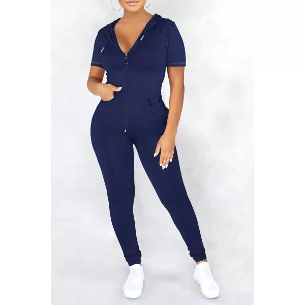 imagePRETTYGARDEN Womens 2 Piece Outfits Short Sleeve Zip Up Hoodie Tops Long Pants Bodycon Sweatsuit Tracksuit SetsDark Blue