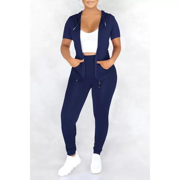 imagePRETTYGARDEN Womens 2 Piece Outfits Short Sleeve Zip Up Hoodie Tops Long Pants Bodycon Sweatsuit Tracksuit SetsDark Blue
