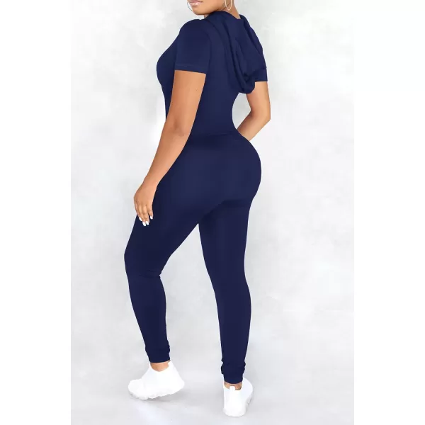 imagePRETTYGARDEN Womens 2 Piece Outfits Short Sleeve Zip Up Hoodie Tops Long Pants Bodycon Sweatsuit Tracksuit SetsDark Blue