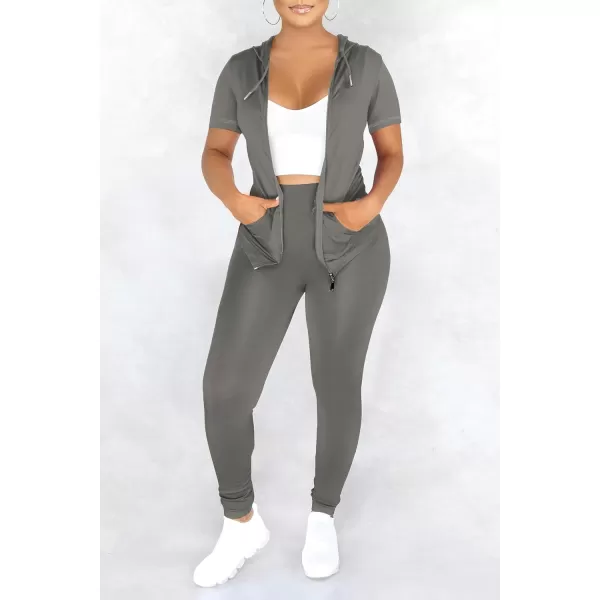 imagePRETTYGARDEN Womens 2 Piece Outfits Short Sleeve Zip Up Hoodie Tops Long Pants Bodycon Sweatsuit Tracksuit SetsGrey