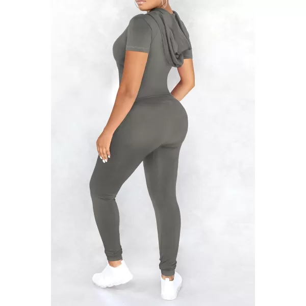 imagePRETTYGARDEN Womens 2 Piece Outfits Short Sleeve Zip Up Hoodie Tops Long Pants Bodycon Sweatsuit Tracksuit SetsGrey