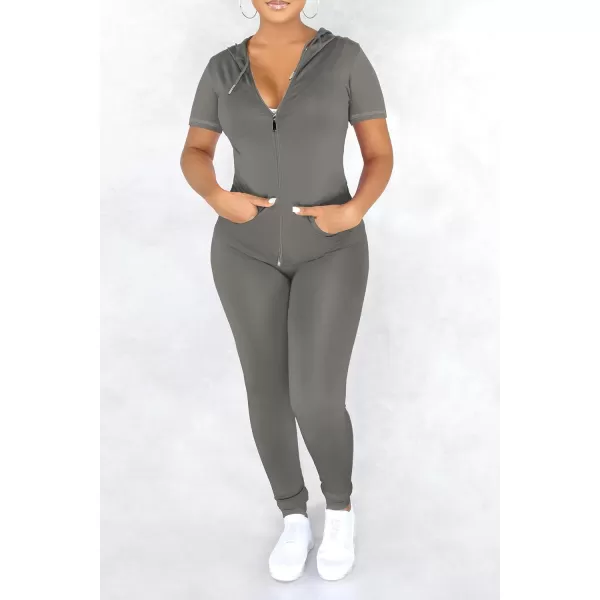 imagePRETTYGARDEN Womens 2 Piece Outfits Short Sleeve Zip Up Hoodie Tops Long Pants Bodycon Sweatsuit Tracksuit SetsGrey
