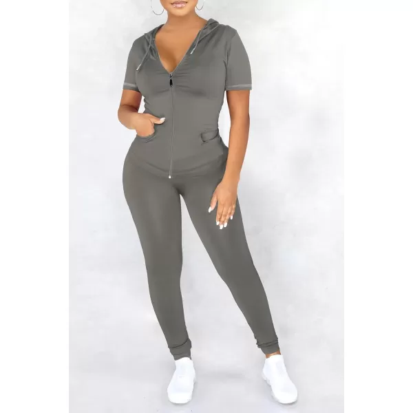 imagePRETTYGARDEN Womens 2 Piece Outfits Short Sleeve Zip Up Hoodie Tops Long Pants Bodycon Sweatsuit Tracksuit SetsGrey