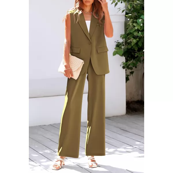 imagePRETTYGARDEN Womens 2 Piece Outfits Sleeveless Suit Vest and Wide Leg Pants Business Casual Blazer SetsArmy Green