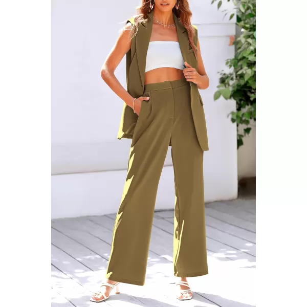 imagePRETTYGARDEN Womens 2 Piece Outfits Sleeveless Suit Vest and Wide Leg Pants Business Casual Blazer SetsArmy Green