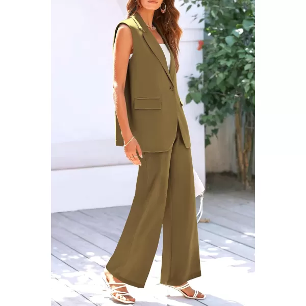 imagePRETTYGARDEN Womens 2 Piece Outfits Sleeveless Suit Vest and Wide Leg Pants Business Casual Blazer SetsArmy Green