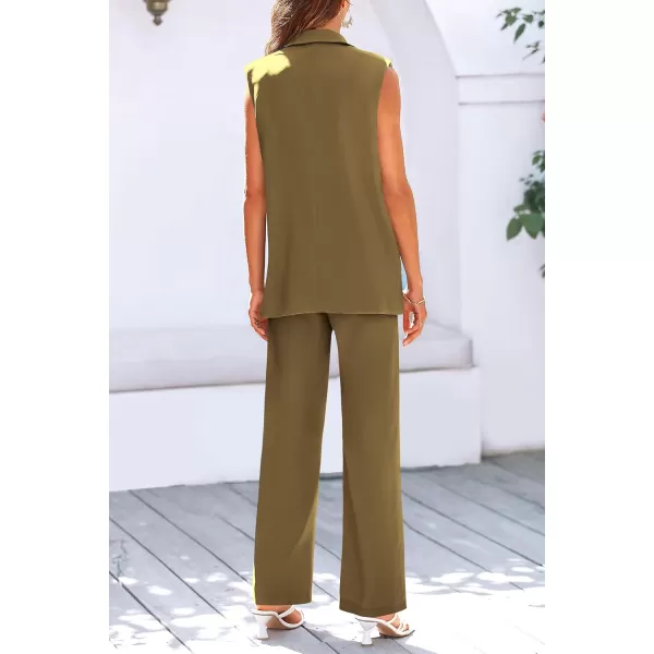 imagePRETTYGARDEN Womens 2 Piece Outfits Sleeveless Suit Vest and Wide Leg Pants Business Casual Blazer SetsArmy Green