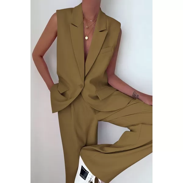imagePRETTYGARDEN Womens 2 Piece Outfits Sleeveless Suit Vest and Wide Leg Pants Business Casual Blazer SetsArmy Green