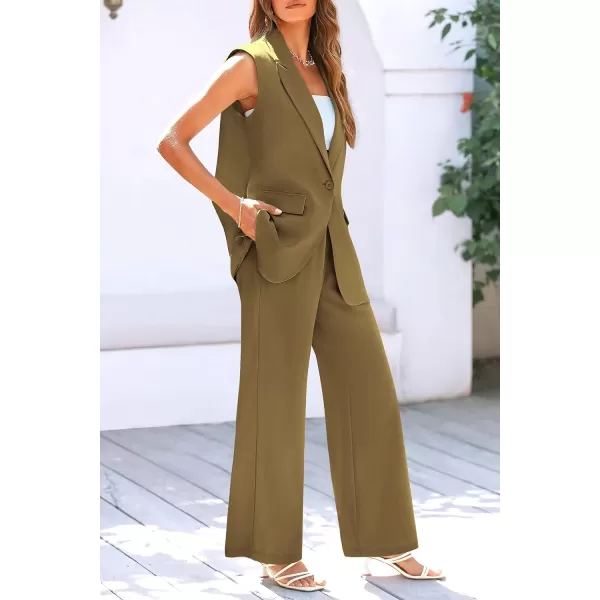 imagePRETTYGARDEN Womens 2 Piece Outfits Sleeveless Suit Vest and Wide Leg Pants Business Casual Blazer SetsArmy Green