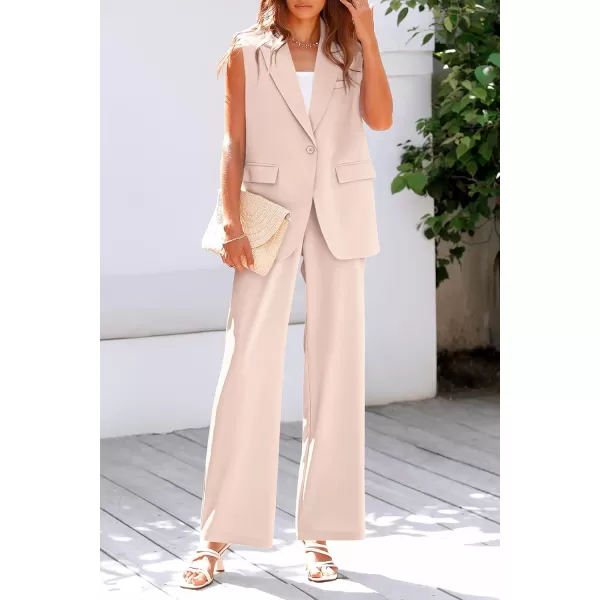 imagePRETTYGARDEN Womens 2 Piece Outfits Sleeveless Suit Vest and Wide Leg Pants Business Casual Blazer SetsBeige