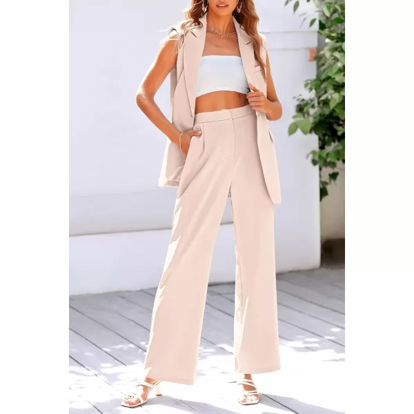 imagePRETTYGARDEN Womens 2 Piece Outfits Sleeveless Suit Vest and Wide Leg Pants Business Casual Blazer SetsBeige