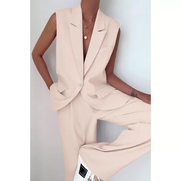 imagePRETTYGARDEN Womens 2 Piece Outfits Sleeveless Suit Vest and Wide Leg Pants Business Casual Blazer SetsBeige