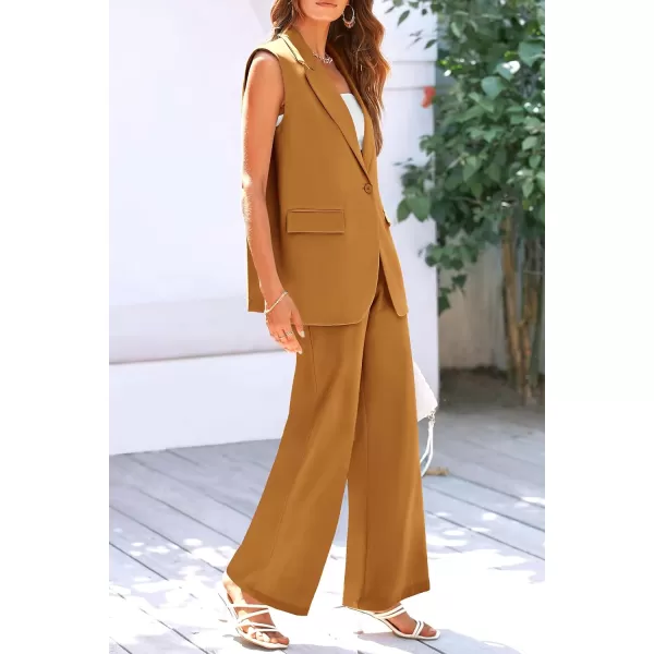 imagePRETTYGARDEN Womens 2 Piece Outfits Sleeveless Suit Vest and Wide Leg Pants Business Casual Blazer SetsBrown Yellow