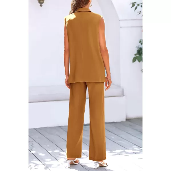 imagePRETTYGARDEN Womens 2 Piece Outfits Sleeveless Suit Vest and Wide Leg Pants Business Casual Blazer SetsBrown Yellow